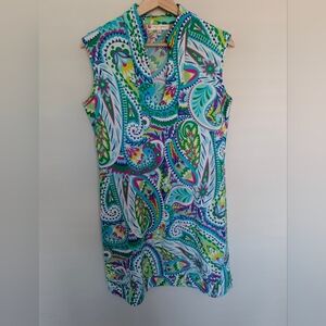Jude Connally Women's Dress Medium Blue Green Paisley Sleeveless Shift Tropical